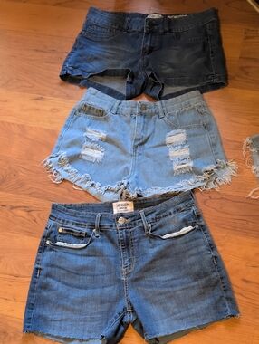 Three Casual Denim Shorts Trio - Dark, Light Distressed, Mid Wash